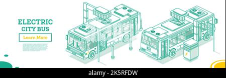 Isometrischer elektrischer Bus an der Ladestation. Vektorgrafik. Ökologischer Öffentlicher Verkehr. Skizzieren Sie Das Konzept. Stock Vektor