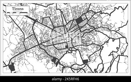 Tirana Albanien Stadtplan in Schwarz und Weiß Farbe im Retro-Stil isoliert auf Weiß. Übersichtskarte. Vektorgrafik. Stock Vektor