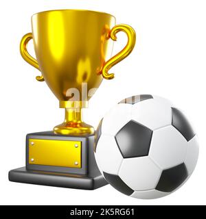 Gold Trophäe Tasse und Fußball oder Fußball auf weißem Hintergrund isoliert. Eingebettete Beschneidungspfade . 3D Rendering . Stockfoto