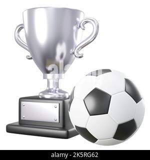 Silber Trophäe Tasse und Fußball oder Fußball auf weißem Hintergrund isoliert. Eingebettete Beschneidungspfade . 3D Rendering . Stockfoto