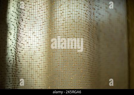 Vorhänge am Fenster. Licht durch Vorhänge. Struktur aus feinem Gitter. Falten aus Stoff. Stockfoto