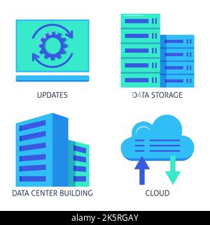 Datenspeicherung und Aktualisierung flacher Symbolsatz. Symbole für die Synchronisierung von Rechenzentren und Clouds. Vektorgrafik. Stock Vektor