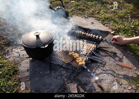 Nahaufnahme der am Lagerfeuer gerösteten Schweineldstücke. Draufsicht. Barbecue auf Feuer. Erholung in der Natur, Aktivitäten in der wilden Umgebung Stockfoto