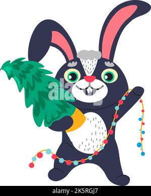 Bunny Charakter mit Weihnachtsbaum und Girlanden Stock Vektor