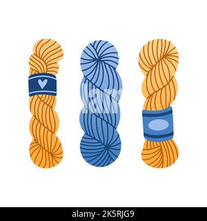 Set von Garnkugeln zum Stricken und Häkeln in blauen und gelben Farben Vektor Stock Vektor