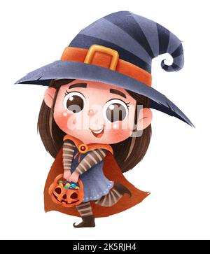 Vektor-Illustration von niedlichen Cartoon Kinder. Frohe Halloween. Hexenkostüm. Stock Vektor