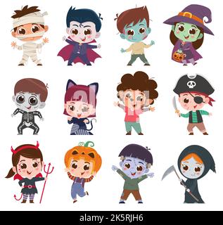 Vektor-Illustration Satz von niedlichen Cartoon Kinder. Frohe Halloween. Halloween Kostüm Kinder Stock Vektor