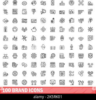 100 Markensymbole eingestellt. Skizzieren Sie die Darstellung von 100 Markensymbolen, die auf weißem Hintergrund isoliert sind Stock Vektor
