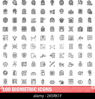 100 biometrische Symbole eingestellt. Skizzieren Sie die Darstellung von 100 biometrischen Symbolen, die auf weißem Hintergrund isoliert sind Stock Vektor