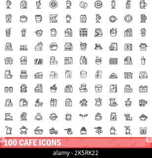 100 Cafe-Icons gesetzt. Skizzieren Sie die Darstellung von 100 Cafe-Symbolen, die auf weißem Hintergrund isoliert sind Stock Vektor