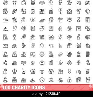 100 Charity-Symbole eingestellt. Skizzieren Sie die Darstellung von 100 karitativen Symbolen, die auf weißem Hintergrund isoliert sind Stock Vektor