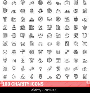 100 Charity-Symbole eingestellt. Skizzieren Sie die Darstellung von 100 karitativen Symbolen, die auf weißem Hintergrund isoliert sind Stock Vektor