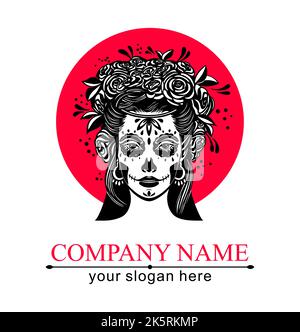 Logo im Calavera-Stil. Dia de los muertos, Tag der Toten ist ein mexikanischer Feiertag. Mädchen mit Blumen im Haar und Frau mit Make-up - Zucker Schädel. Stock Vektor