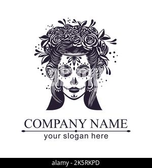 Logo im Calavera-Stil. Dia de los muertos, Tag der Toten ist ein mexikanischer Feiertag. Mädchen mit Blumen im Haar und Frau mit Make-up - Zucker Schädel. Stock Vektor