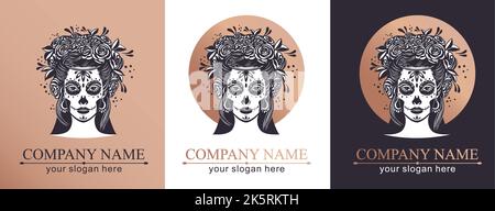 Logo im Calavera-Stil. Dia de los muertos, Tag der Toten ist ein mexikanischer Feiertag. Mädchen mit Blumen im Haar und Frau mit Make-up - Zucker Schädel. Stock Vektor