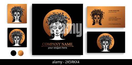Logo im Calavera-Stil. Dia de los muertos, Tag der Toten ist ein mexikanischer Feiertag. Mädchen mit Blumen im Haar und Frau mit Make-up - Zucker Schädel. Stock Vektor