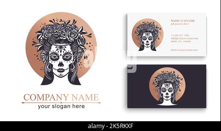 Logo im Calavera-Stil. Dia de los muertos, Tag der Toten ist ein mexikanischer Feiertag. Mädchen mit Blumen im Haar und Frau mit Make-up - Zucker Schädel. Stock Vektor