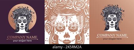 Logo im Calavera-Stil. Dia de los muertos, Tag der Toten ist ein mexikanischer Feiertag. Mädchen mit Blumen im Haar und Frau mit Make-up - Zucker Schädel. Stock Vektor