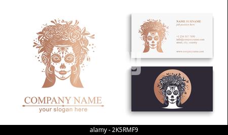 Logo im Calavera-Stil. Dia de los muertos, Tag der Toten ist ein mexikanischer Feiertag. Mädchen mit Blumen im Haar und Frau mit Make-up - Zucker Schädel. Stock Vektor