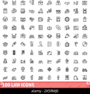 100 Symbole für Gesetze festgelegt. Skizzieren Sie die Darstellung von 100 Gesetzensymbolen, die auf weißem Hintergrund isoliert sind Stock Vektor