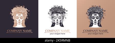 Logo im Calavera-Stil. Dia de los muertos, Tag der Toten ist ein mexikanischer Feiertag. Mädchen mit Blumen im Haar und Frau mit Make-up - Zucker Schädel. Stock Vektor
