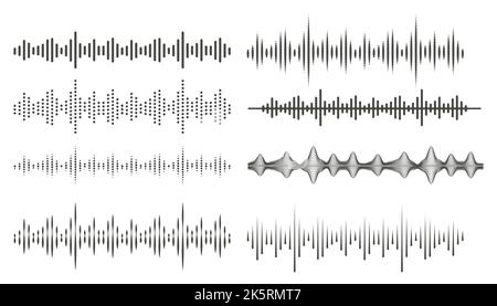 Audiowellen im abstrakten Stil. Audio- und Sprachfrequenzleitungen. Symbole für den Lautstärkeregler. Vektor auf weißem Hintergrund gesetzt. Stock Vektor