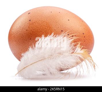 Braunes Hühnereier und Hühnerfeder isoliert auf weißem Hintergrund. Stockfoto