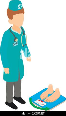 Symbol für die Gewichtskontrolle – isometrischer Vektor. Männlicher Arzt und Patient auf Bodenskala. Gesundheitswesen, medizinische Untersuchung Stock Vektor