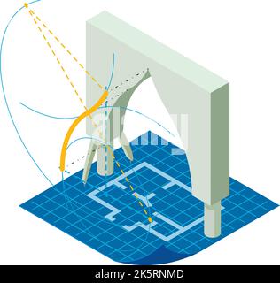 Isometrischer Vektor des Arch-Projektsymbols. Realistisches Modell gemustert Bogen auf blauem Druck. Grafische Idee, Architektur, Konstruktion Stock Vektor