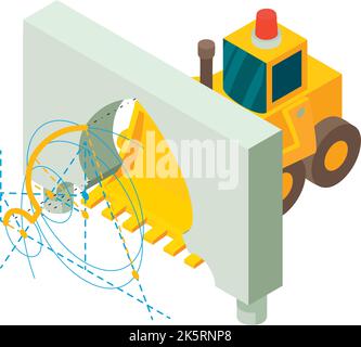 Isometrischer Vektor des Konstruktionssymbols. Arch Projekt und Bau Bulldozer. Planung, Bau, Wiederaufbau Stock Vektor