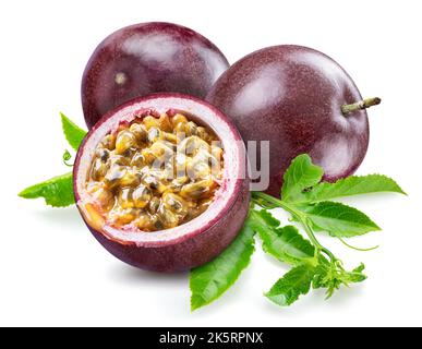 Dunkelviolette Passionsfrüchte oder Maracuja mit grünen Blättern auf weißem Hintergrund. Stockfoto