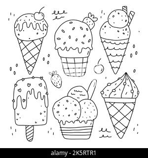 Doodle Satz von niedlichen Eis isoliert auf weißem Hintergrund. Süßes Essen. Vektor-handgezeichnete Illustration im Doodle-Stil. Perfekt für verschiedene Designs Stock Vektor