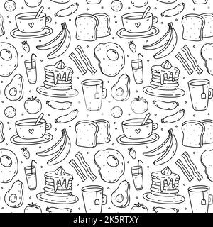 Süßes, nahtloses Muster mit Frühstücksessen - Spiegeleier, Speck, Toast, Kaffee, Avocado, Pfannkuchen, Obst. Handgezeichnete Vektorgrafik Stock Vektor