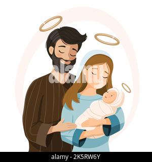 Heilige Familie. Krippe. Geburt Christi. Jungfrau Maria, Josef und Jesuskind. Weihnachtszeit. Religiöses Image. Katholische Vektorgrafik Stock Vektor