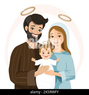 Heilige Familie. Krippe. Geburt Christi. Jungfrau Maria, Josef und Jesuskind. Weihnachtszeit. Religiöses Image. Katholische Vektorgrafik Stock Vektor