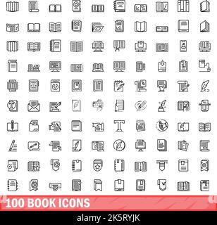 100 Buchsymbole eingestellt. Skizzieren Sie die Darstellung von 100 Buchsymbolen, die auf weißem Hintergrund isoliert dargestellt werden Stock Vektor