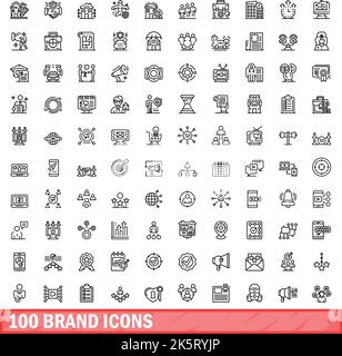 100 Markensymbole eingestellt. Skizzieren Sie die Darstellung von 100 Markensymbolen, die auf weißem Hintergrund isoliert sind Stock Vektor