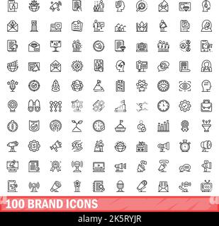 100 Markensymbole eingestellt. Skizzieren Sie die Darstellung von 100 Markensymbolen, die auf weißem Hintergrund isoliert sind Stock Vektor