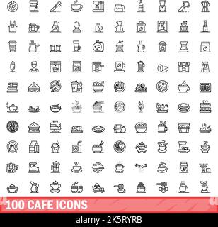 100 Cafe-Icons gesetzt. Skizzieren Sie die Darstellung von 100 Cafe-Symbolen, die auf weißem Hintergrund isoliert sind Stock Vektor