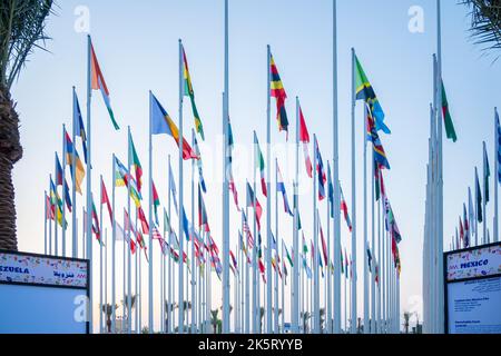 Die Flag Plaza zeigt 119 Flaggen aus Ländern mit autorisierten diplomatischen Vertretungen Stockfoto