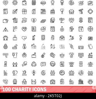 100 Charity-Symbole eingestellt. Skizzieren Sie die Darstellung von 100 karitativen Symbolen, die auf weißem Hintergrund isoliert sind Stock Vektor