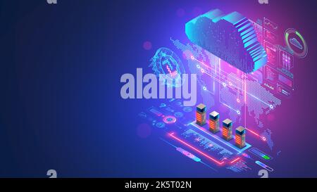 Cloud-Computing-Technologiekonzept. Bewegen Sie den Mauszeiger über die Weltkarte der digitalen Cloud. Cloud-Speicher im Rechenzentrum. Server des globalen Internet-Netzwerks arbeiten mit Big Stock Vektor