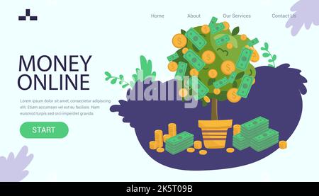 Isometrisches Konzept E-Banking. Laptop stellt Geld als Geldautomat aus. E-Commerce und Mobile Banking. Vektorgrafik. Zielseite für Vektorgrafik. Stock Vektor