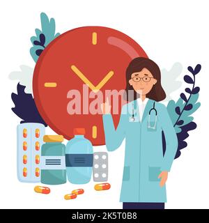 Zeit für Ihre Medizin, Medizin Zeitkonzept. Medikamentenflasche, Kapseln, Pillen mit Uhr auf dem Hintergrund in flachem Design. Medikationszeit Stock Vektor