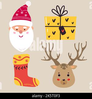 Set von Weihnachten und Neujahr Elemente mit Tieren und Santa. Vektor-Illustration. weihnachtsmann, Socke, Hirsch, Gegenwart. Stock Vektor
