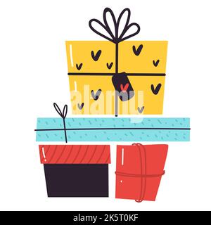 Cartoon-Geschenkschachteln. Geschenkbox öffnen. Dekoratives festliches Objekt. Neujahr und Weihnachten Design. Urlaubsbanner, Poster, Flyer, stilvolle Broschüre, Begrütin Stock Vektor