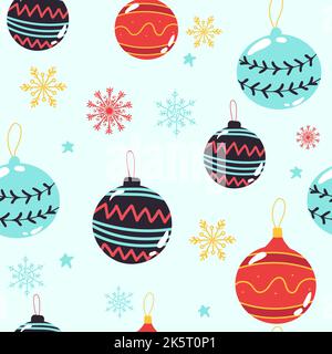 Weihnachtliche nahtlose Muster mit Kugeln, Kugeln, Zapfen, Schleifen blauen Hintergrund. Perfekt für Urlaubseinladungen, Winter-Grußkarten, Tapeten und Gif Stock Vektor
