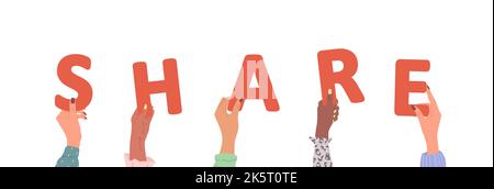 Gruppe verschiedener weiblicher Hände mit rotem Wort Share. Verschiedene multiethnische Menschen sind zusammen. Vektor handgezeichnete Illustration im Cartoon-Stil Stock Vektor