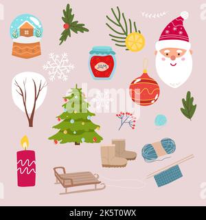 Set von Weihnachten und Neujahr Elemente mit Tieren und Santa. Vektor-Illustration. weihnachtsmann, weihnachtskugeln, Hirsch, Bogen, Kalender, Cremebecher, Socken Stock Vektor
