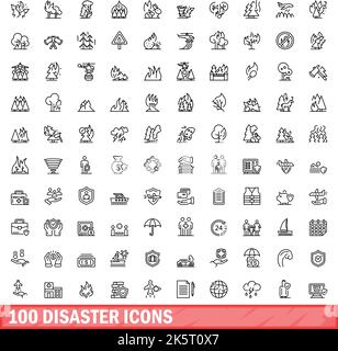 100 Notfallsymbole eingestellt. Skizzieren Sie die Darstellung von 100 Katastrophensymbolen, die auf weißem Hintergrund isoliert sind Stock Vektor